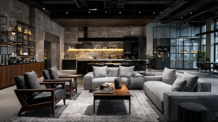 Visual showing character-driven lifestyle products subtly integrated into a modern living room and office