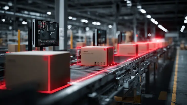 ERP barcode verification system scanning licensed technical product packaging in factory